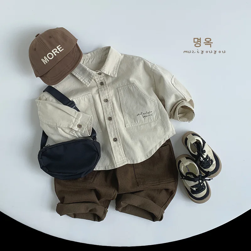Shirt Long Sleeves Boys Grils Children Fashionable Comfortable Solid Simple All-matching Retro Spring Autumn Top