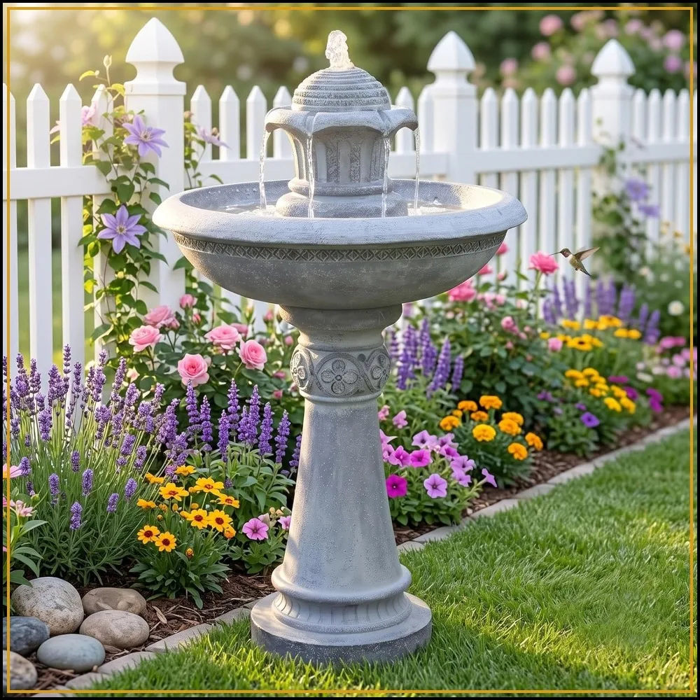 39 in 2-Tier Outdoor Water Fountain with LED Lights, Resin Garden Fountain for Patio Yard, Gray