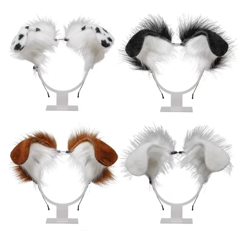 Women Furry Animal Spot Dog Ears Headdress Plush Handmade Headband Anime for Halloween Christmas Cosplay Accessories