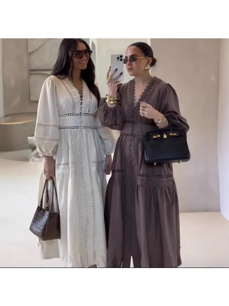 Elegante V-hals Kant Uitgesneden Maxi Jurk Vrouwen Bladerdeeg Mouw Borduren Riem A-lijn Elegante Lente Nieuwe Dame Gewaden Zomer 2025, - afbeelding 2
