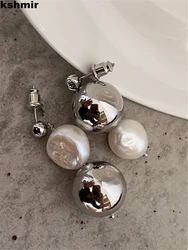 kshmir New natural pearl earrings for women, French ball earrings, simple metal earrings for women, jewelry accessories gift