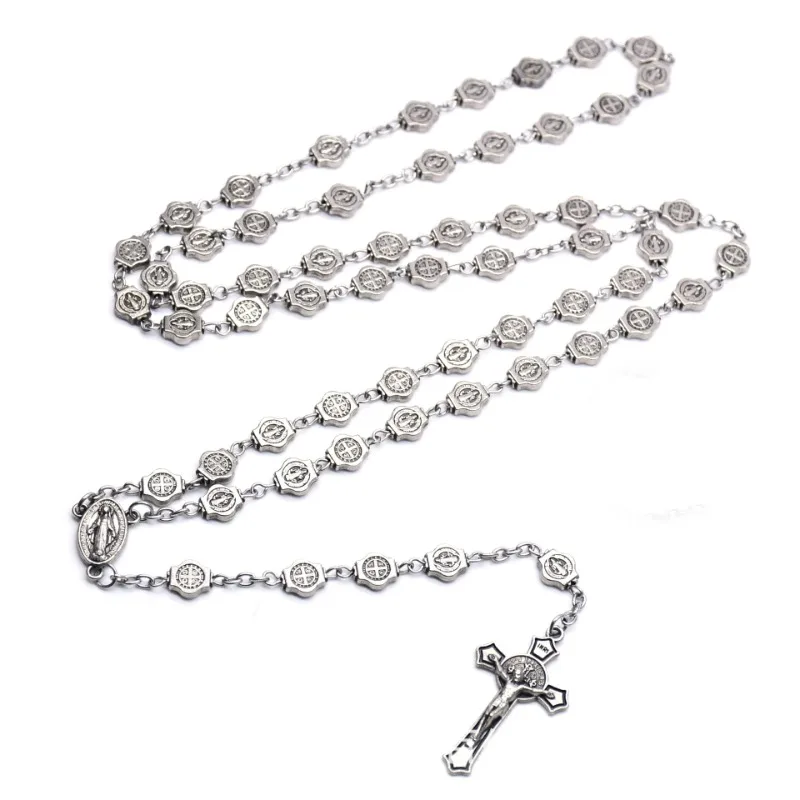 1Pc Fashion Vintage Alloy Saint Benedict Rosary Necklace Crucifix Necklace Prayer Beads Christian Church Supplies