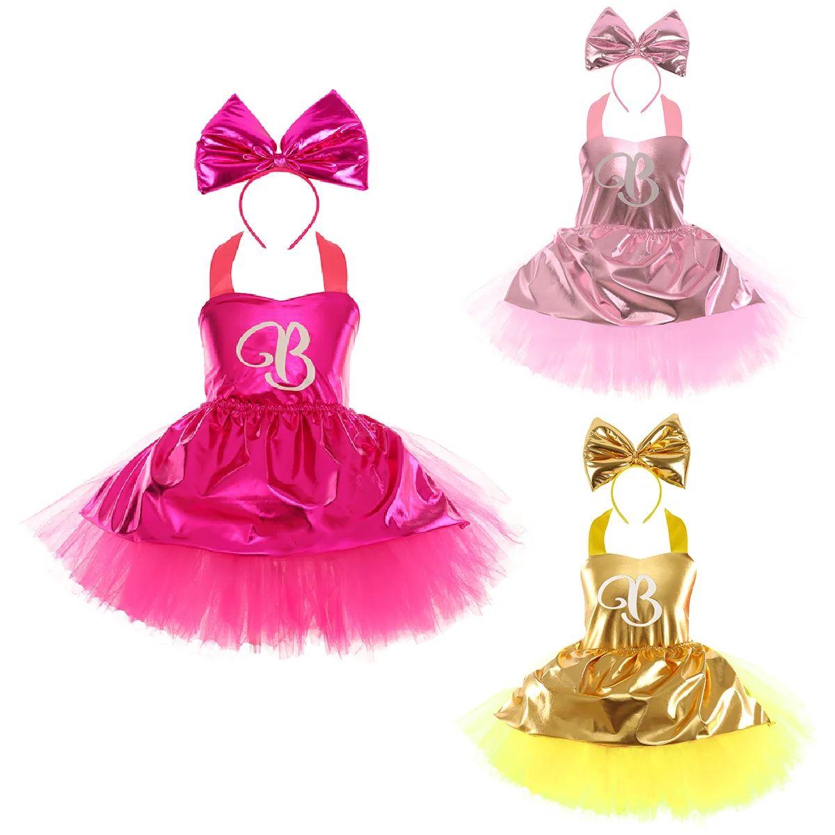 Girls Barbi Cosplay Costume Girls Maid Dress Up TUTU Dress Christmas Kid Pink Rosy Gold Sling Dresses Party Headband Child Frock