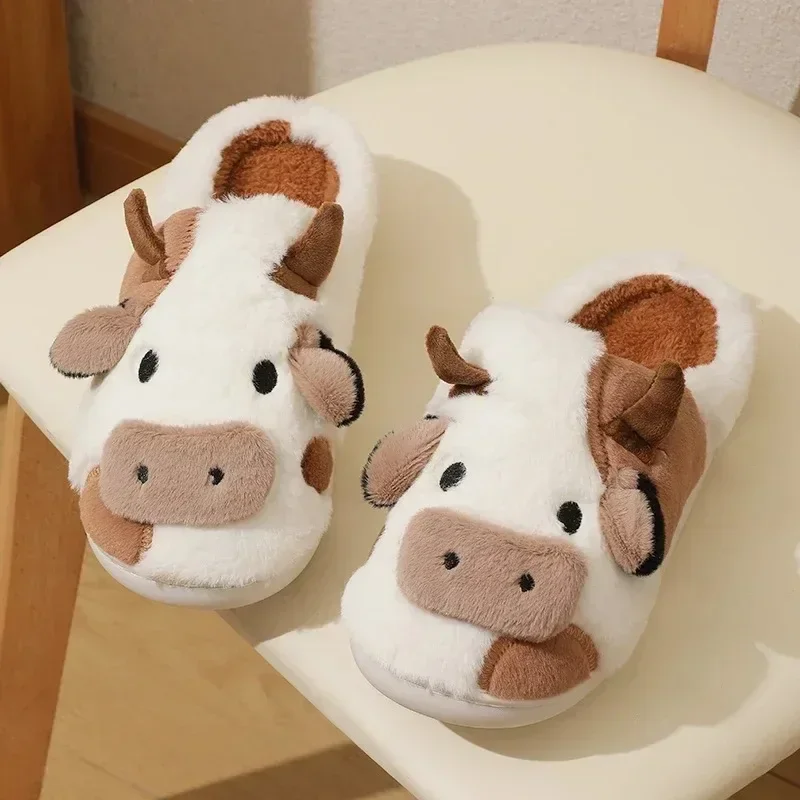 Winter Cartoon Cow Cotton Slippers Indoor Outdoor Slippers For Women Men Fuzzy Cute Cow Slides Warm Cozy Animal Fluffy Shoes