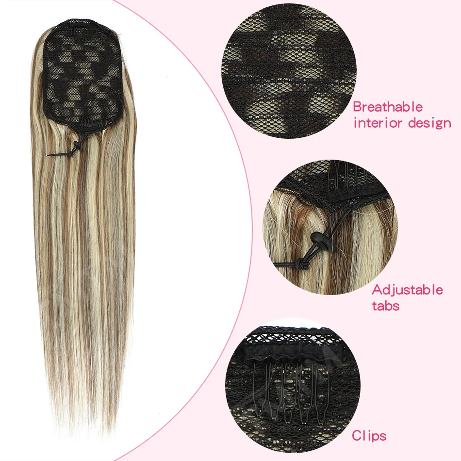 Straight Ponytail Human Hair Extension 100% Real Human Hair 14-26Inch Drawstring Ponytail Brown Blonde For Women Natural Looking