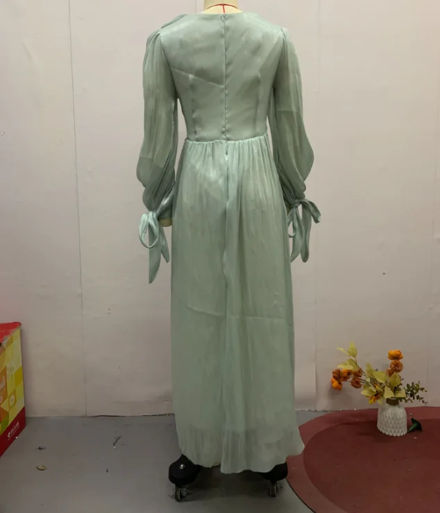 Fashionable Pleated Skirt Long Sleeved Slim Waist Long Sleeved Skirt for Summer Women Elegant Slim Fit Solid Color Sheer Dress