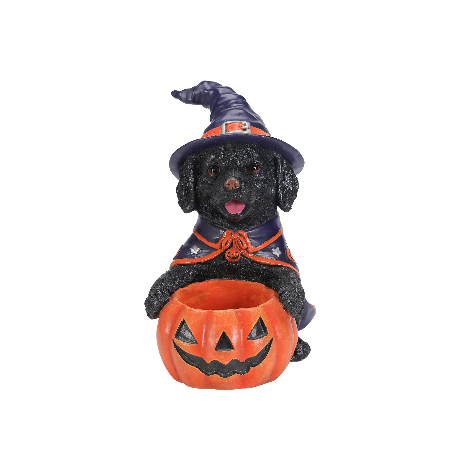Halloween Black Labrador Retriever Witch Puppy Figurine, Cute Dog Holding Pumpkin Candy Bowl Decoration, Lovable Labrador Puppy Dressed as a Witch, Classic Jack-o'-Lantern Candy Bowl, Durable Resin, Hand-Painted Finishes, 12.6 Inches Tall