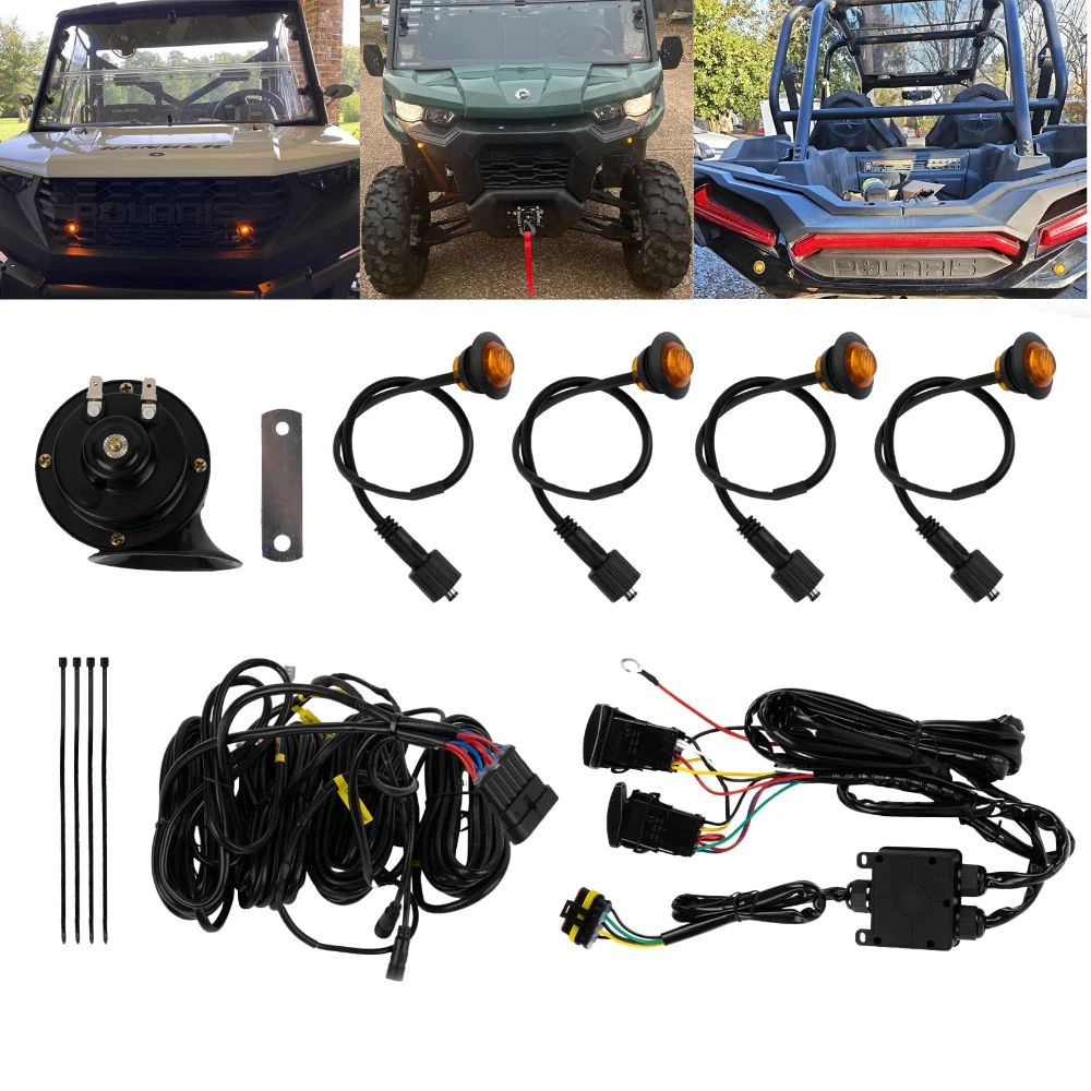 UTV Turn Signal Light Assembly 4PCS Indicators Horn & Wiring Harness for Polaris RZR Ranger Can-Am Commander Max