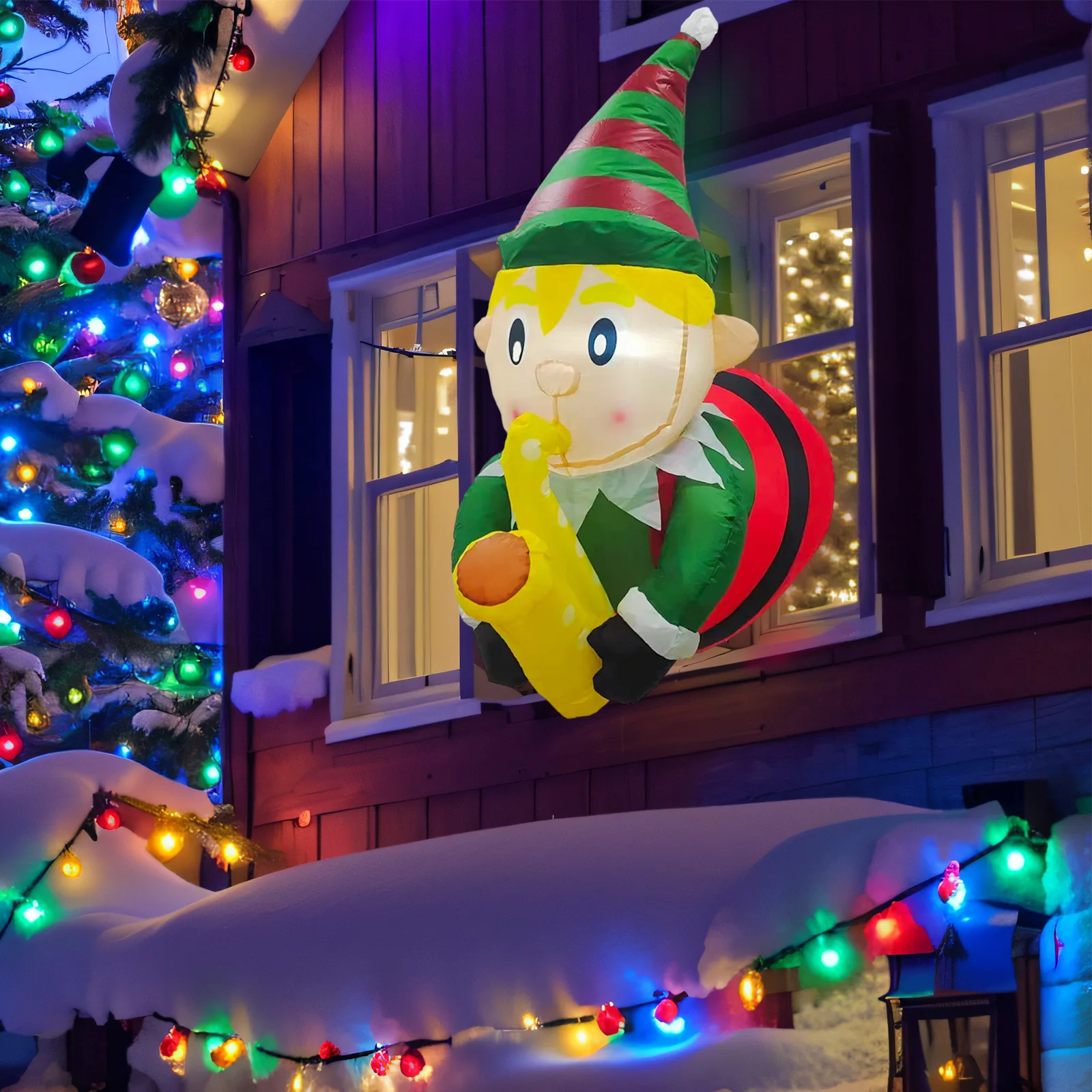 3.5Ft Christmas Saxophone Playing Elf Inflatable, Breaks Out of Window Built-in LED Lights Christmas Decorations for Yard Decor