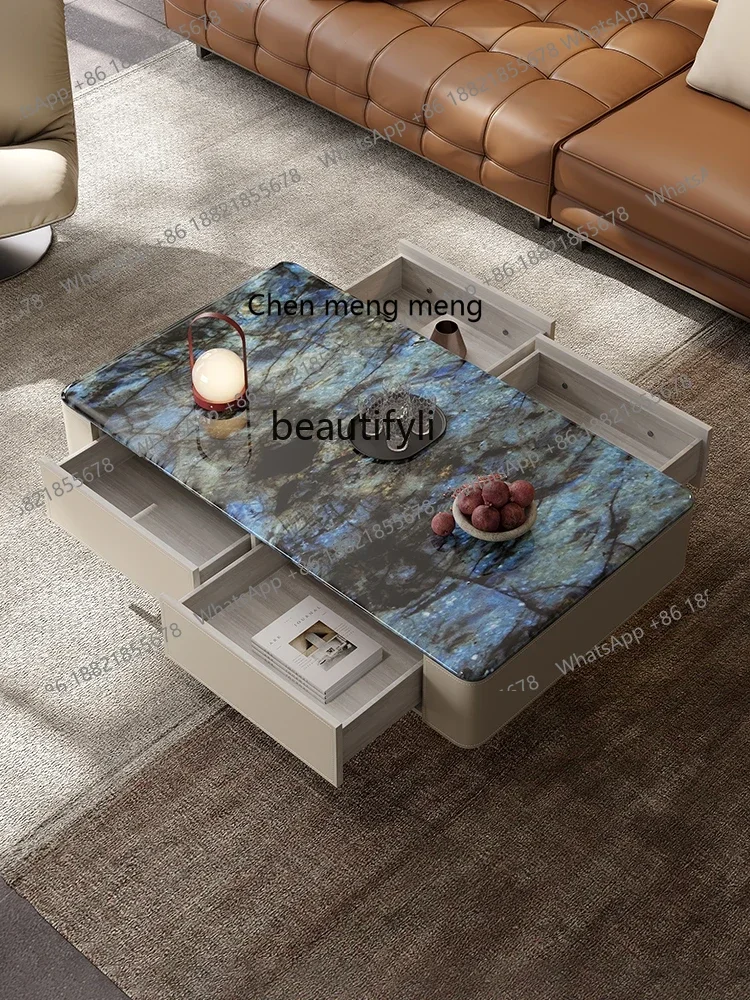 X  Natural Marble Coffee Table Stone Living Room Microlite Luxury Stone Light Luxury Stainless Steel Square Coffee Table