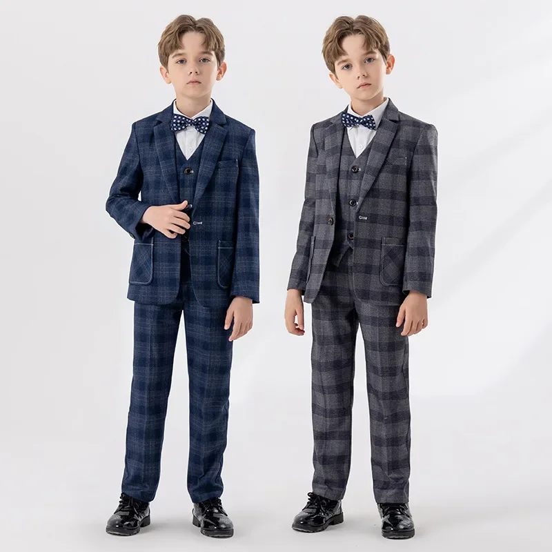 Boys Blue Slim Fit Suits Formal Wear Children Teenagers Groomsman Performance Host Clothes Kids Plaid Students Party Full Dress