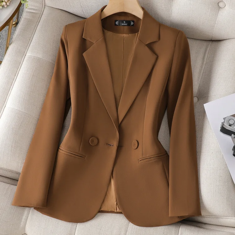 

2026 Spring Autumn Brown Black Blazer Women Long Sleeve Single Breasted Office Ladies Jacket Business Work Wear Formal Coat