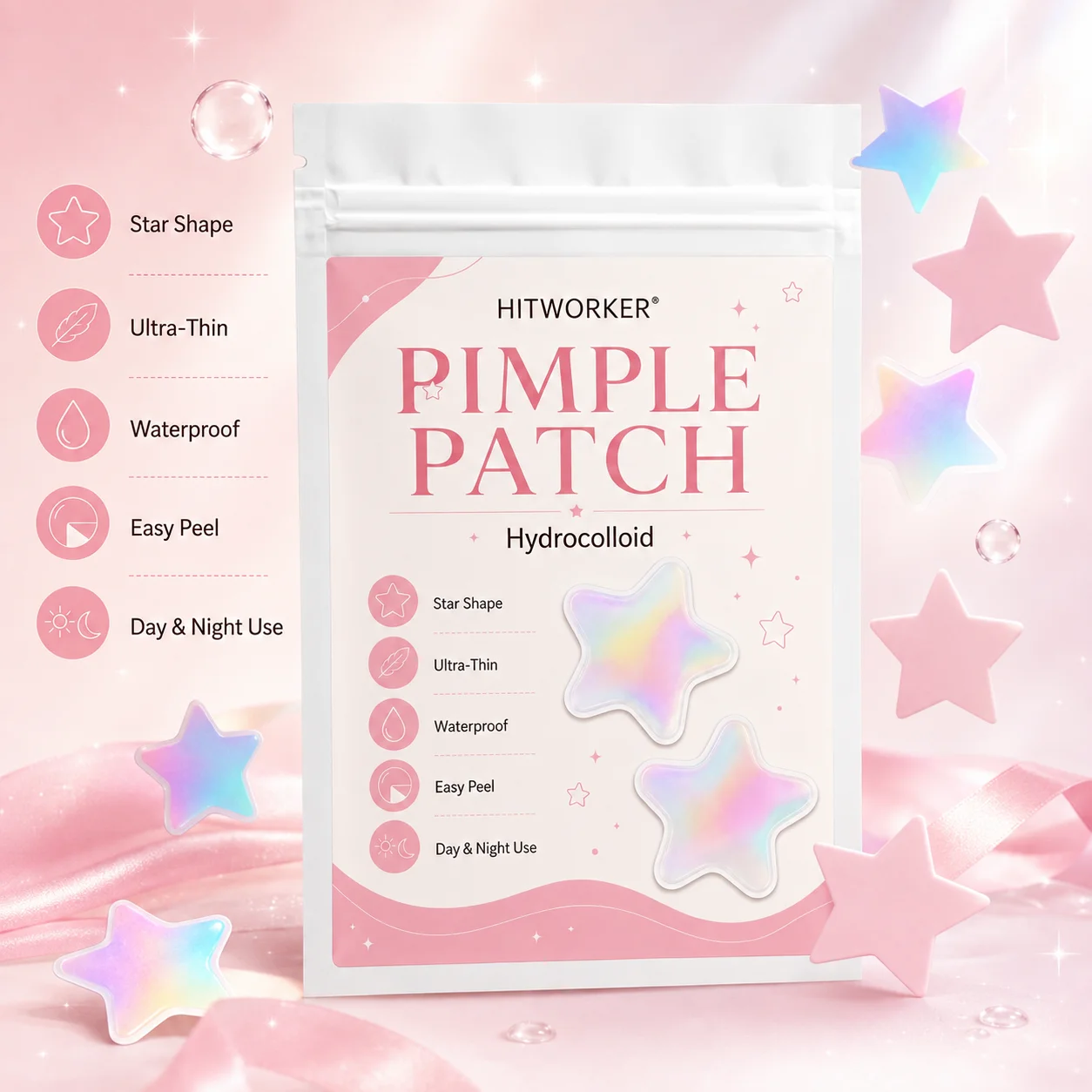 200pcs Hydrocolloid Pimple Patches, Star Shape Spot Cover Stickers, Iridescent Face Patch, Ultra-Thin Easy Peel Day Night Use