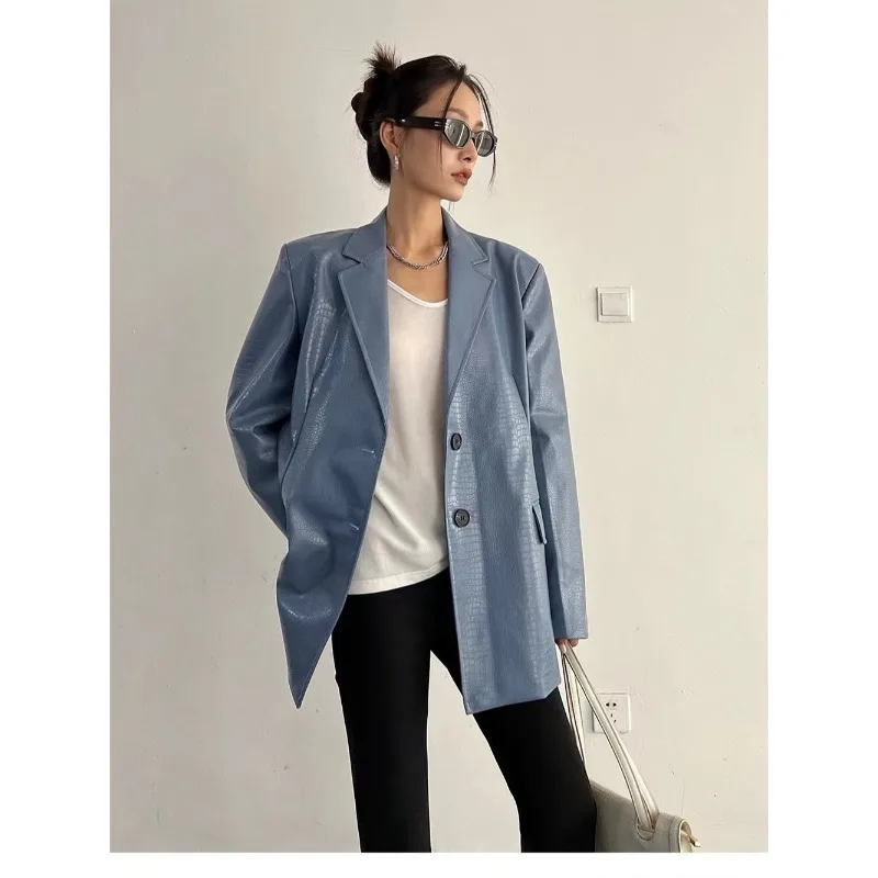 Herfst Winter PU lederen zakelijke blazerjas voor dames Vintage reversknop met lange mouwen Werkjas Losse uitloper met zak