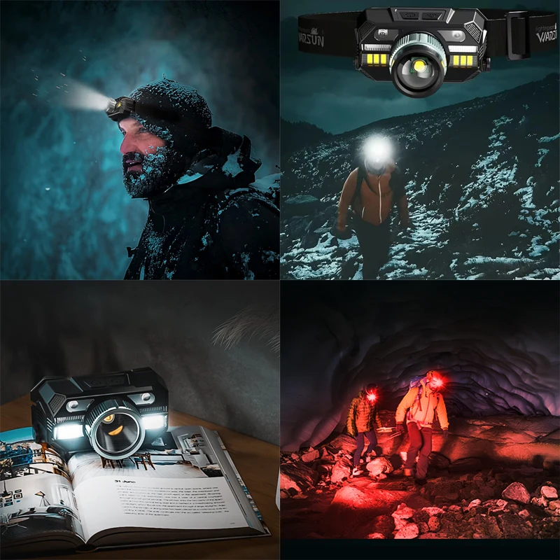 WARSUN WD09 Fishing Headlamp Zoomable Flashlight Type-C Rechargeable Fishing Lantern Head Torch for Camping And Hiking