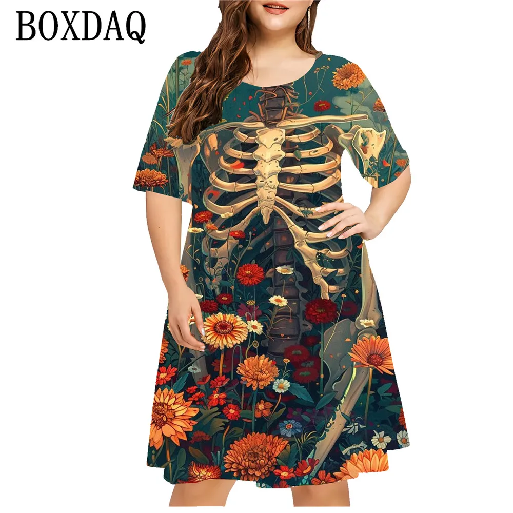 2024 New Fashion Dresses Women Horror Skull 3D Printed Dress Casual Red Flower Short Sleeve Loose Dress Plus Size Women Clothing