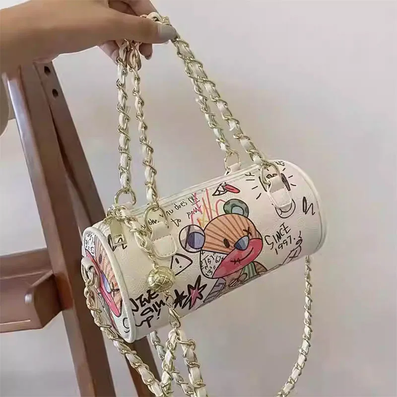 Artificial Leather Unisex Retro Graffiti Bear Anime Cartoon Shoulder Crossbody Bag Cylindrical Chain Armpit Cylinder Women Purse