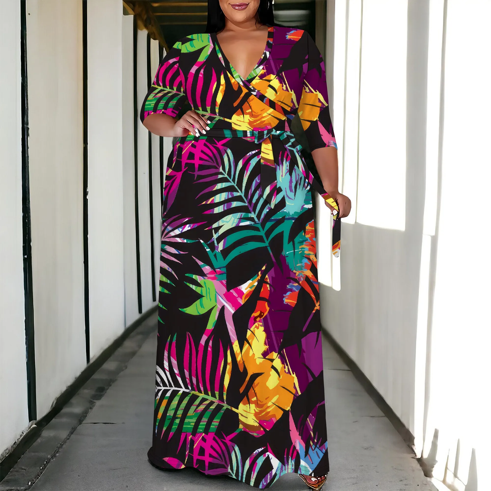 

Plus Size Floral Print V Neck Maxi Dress for Women Summer Boho 3/4 Sleeve Party Beachwear