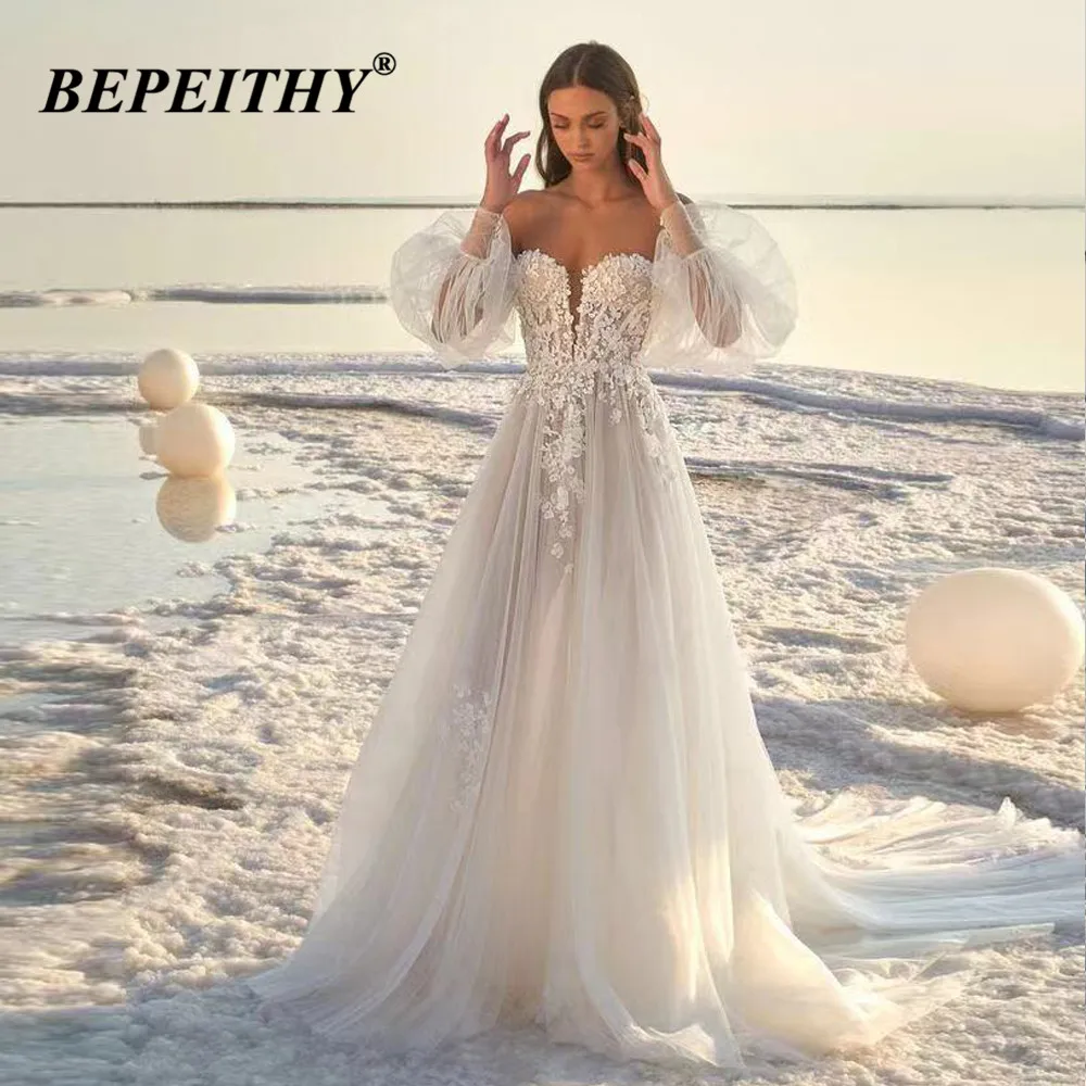 

Свадебное платье BEPEITHY Boho с открытыми плечами, Vestidos De Novia, с длинными рукавами, кружевное сексуальное пляжное свадебное платье 2023, Robe De Mariée