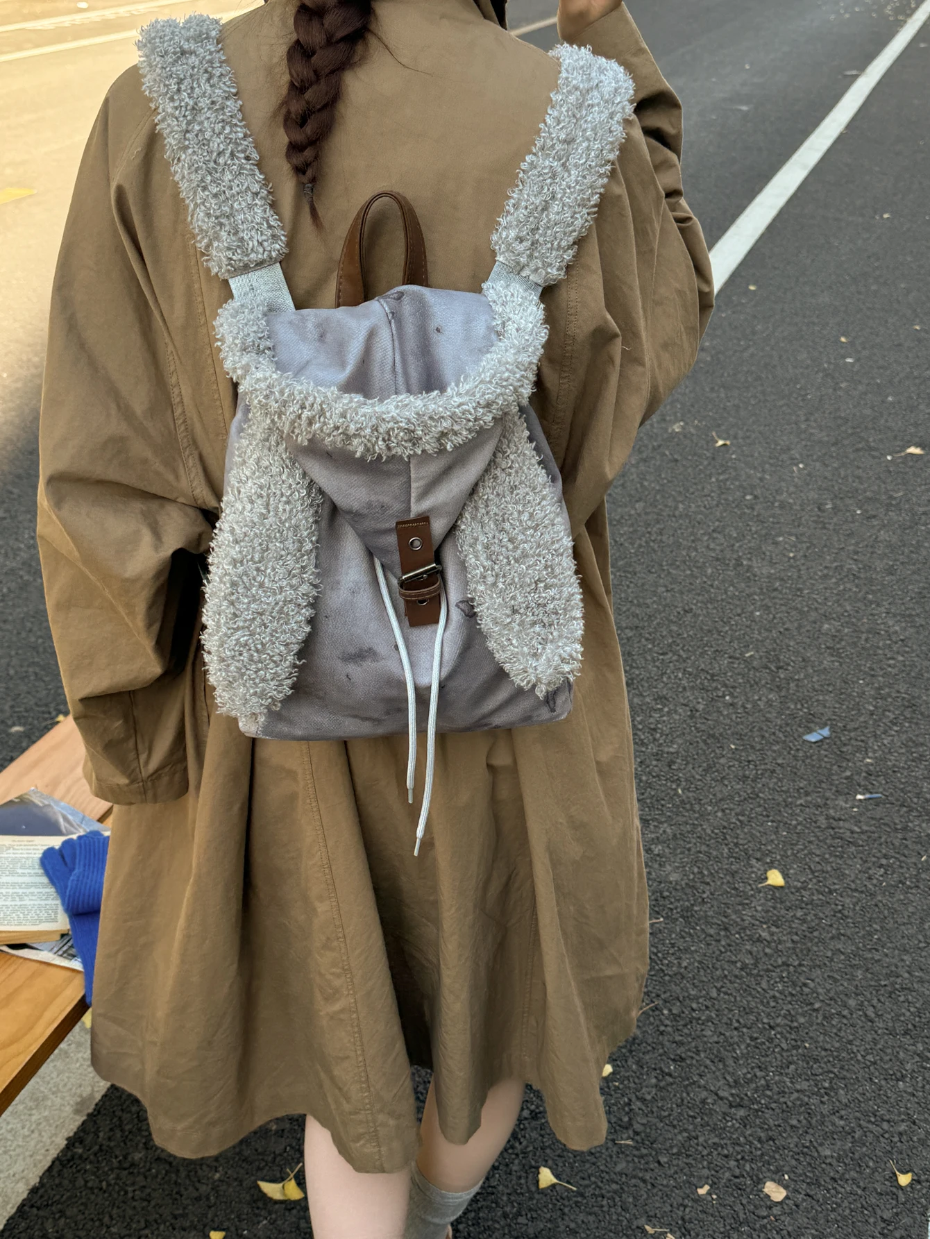 Cute Rabbit Plu Bapa Women's Faionable Versatile Student Bookbag Sweet Cool Sle Dstring Closure Leather Straps