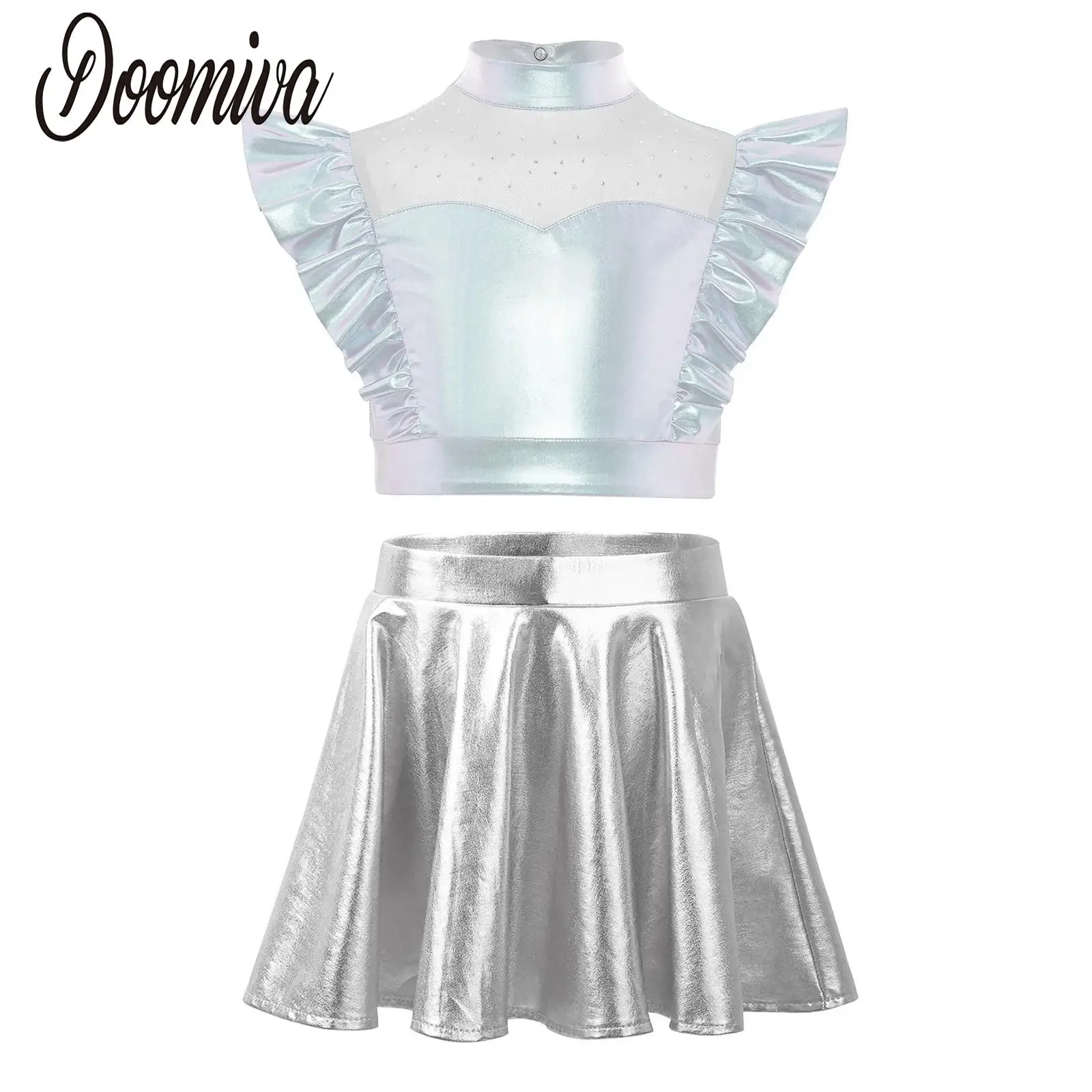 

Kids Girls Metallic Jazz Cha-cha Dance Performance Set Modern Outfit Sheer Mesh Patchwork Sleeveless Crop Top with Flared Skirt