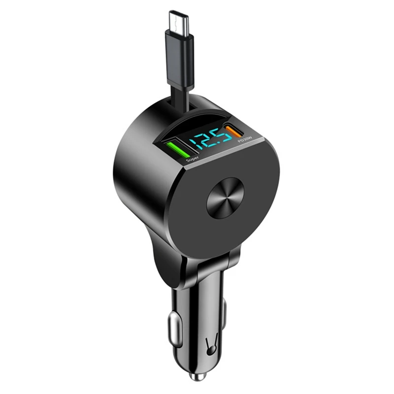 

Digital Display Retractable Cable Car Charger Supports PD30W Fast Charging Super Fast Charging 3-In-1