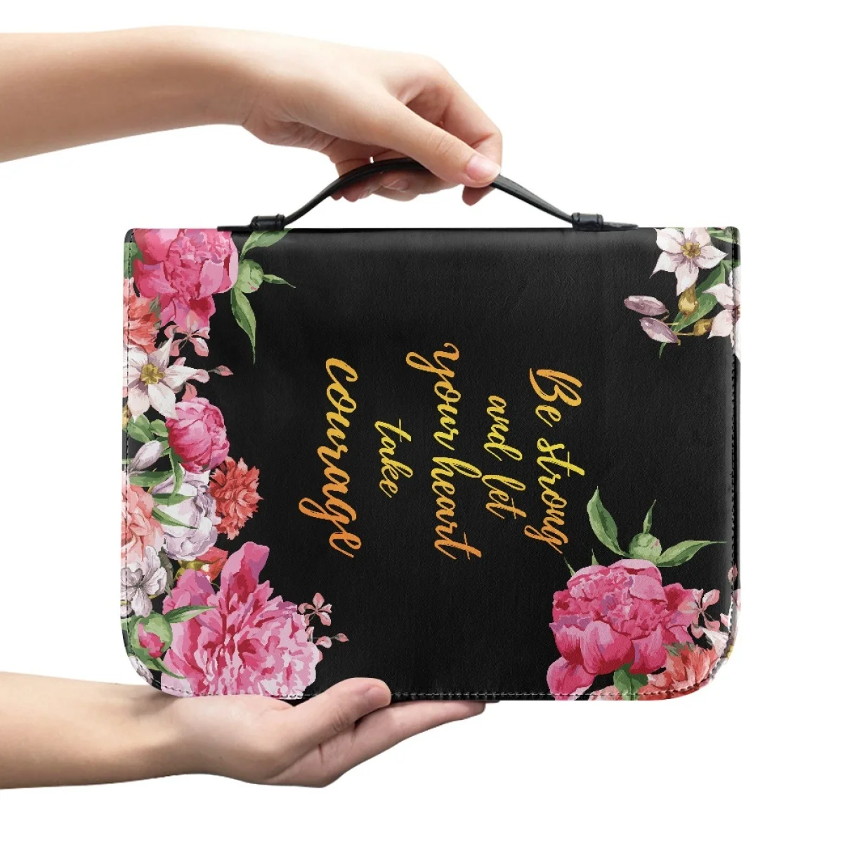 Pretty Floral Bible Verse Print Women's Christian Bags Be Strong and Let Your Heart Take Courage Words Bible Carrying Bags 2023