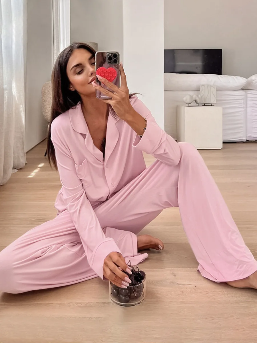 

Women's Long Sleeved Long Pants Pajama Set Autumn New Cardigan Pajamas Solid Color Comfortable Home Wear Sets