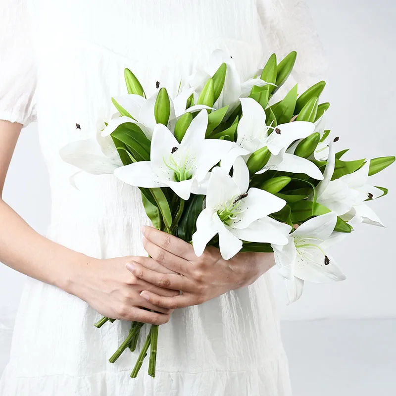 5Pcs 38cm White Lily Artificial Flowers Party Wedding Bridal Bouquet Fake Plant for Living Room Home Garen Decoration Real Touch