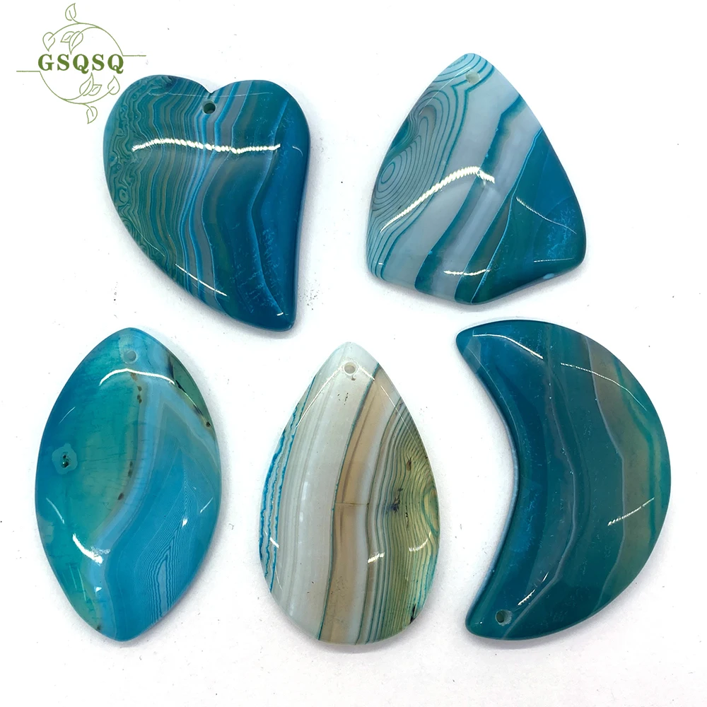 

5pcs/lot Quartz Stone Blue Ocean Stripe Agate Pendant Aura Treatment Natural Stone Meditation Amulet DIY Jewelry Accessories