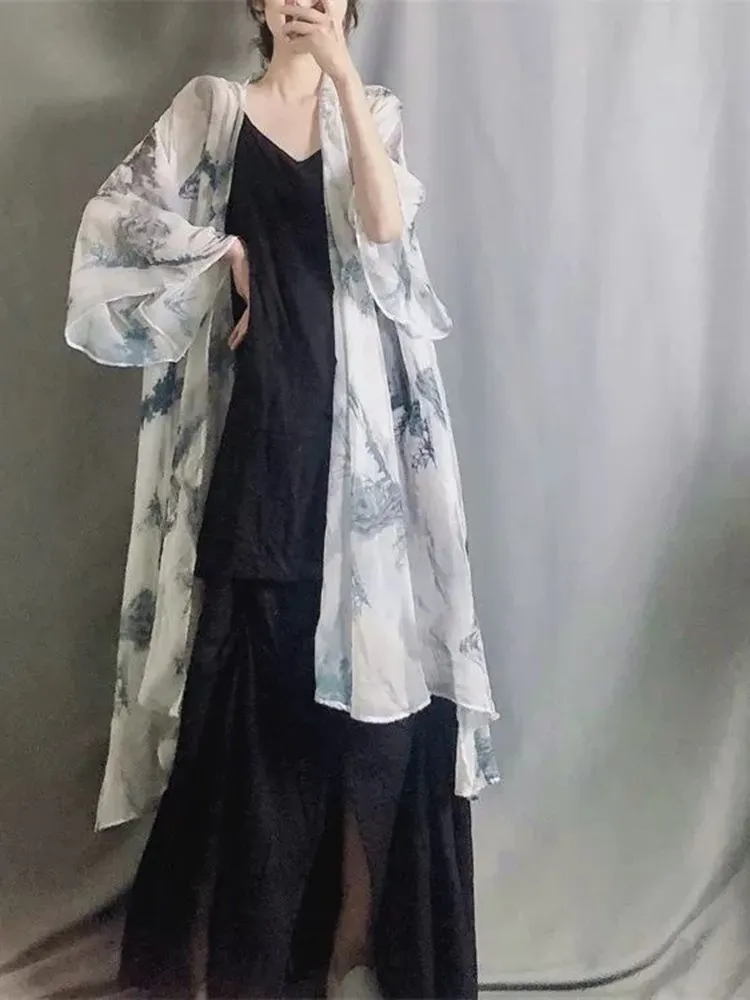 كارديجان نسائي فضفاض صيفي جديد 2023 بتصميم زن هانفو خيالي، مطبوع من الكتان، مناسب للارتداء اليومي