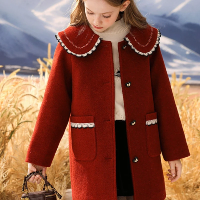 Girls Woolen Coat Jacket Windbreak 2023 Red Wine Warm Thicken Winter Cotton Overcoat Christmas Teenagers Children\'s Clothing