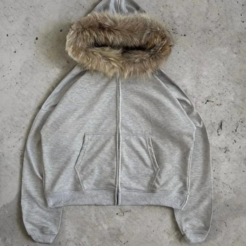 2025 بلوزات Harajuku الفراء الاصطناعي طوق هوديي Y2K الملابس نمط الشرير القوطية قلنسوة بسحاب #3