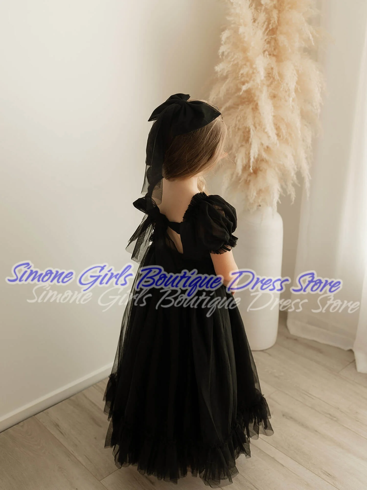 Knee-length Short Puff Sleeves Black Dress Skirt Flower Girl Dress for Wedding Ceremonies Birthday Party Dance Performances