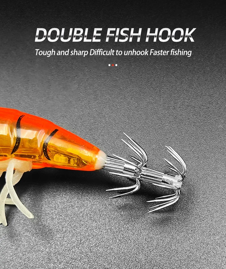 ShareShark 8-teiliges Set Leuchtende Weiche Garnelen-Jigs, Harte Angelköder, Garnelen-Tintenfisch-Haken, Holz-Garnelenköder, Angelköder-Set – Detail 6
