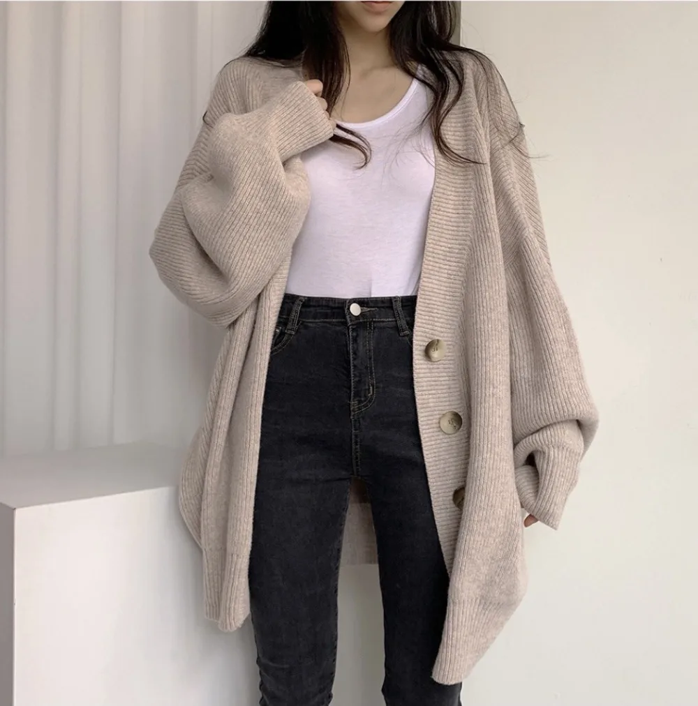 

Midi Cardigan Knit Women Loose V Neck Elegant Solid Sweater Long Sleeve Lady Elegant Open Stitch Jumpers Autumn Winter