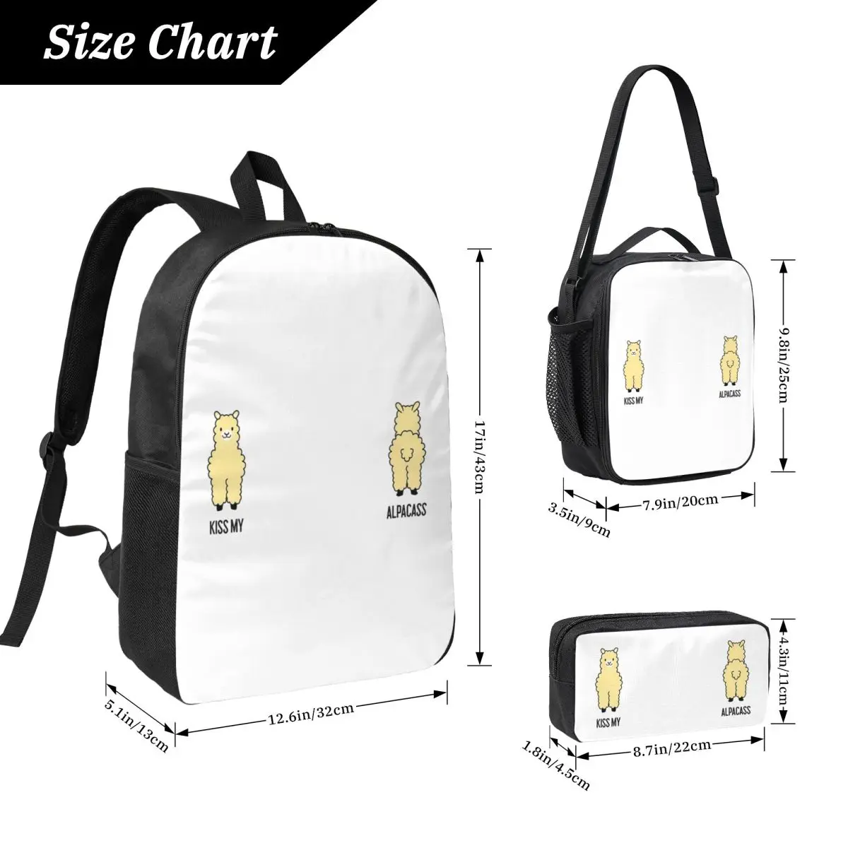 2-Sided Kiss My Alpacass Funny Alpaca Llama Backpack BookBag School Bag Shoulder Bags 3ps Insulated Lunch Bag Pencil Case