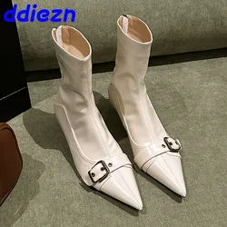 Fashion Designer Metal Buckle Footwear Elastic Women Ankle Boots Female Pointed Toe Ladies Short Modern Boots Low Heel Shoes