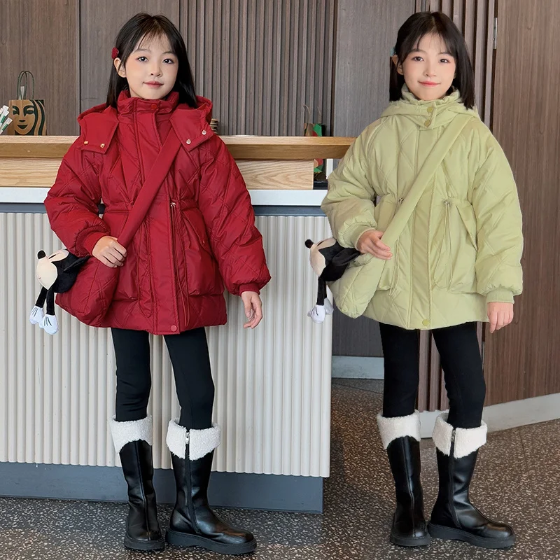 

Girls Winter Thiened down Cotton Jaet Waist-Cinching Medium-Length Hooded Zipper Closure Korean Sle Loose Fit Coat