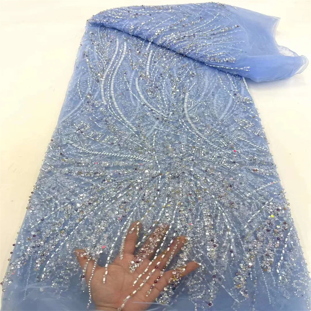 5 Yards Tulle Net tessuto di pizzo africano pizzo di perline tessuti di paillettes nigeriani dorati di alta qualità per abiti da sera da sposa 3 xc3501