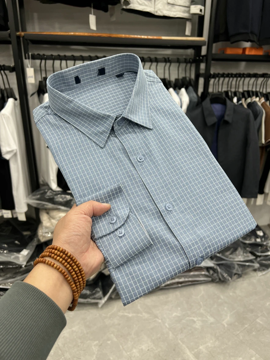 

Slim Fit Long Sve irt Men's Busin Casual Sle Cheered Pattern Thinming Base Layer Spring Autumn Faion Ci Wear