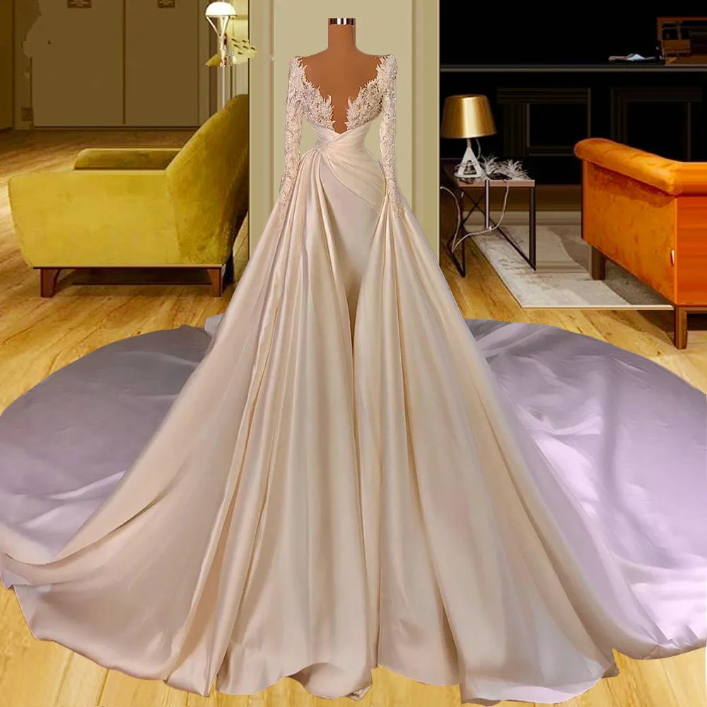 Elegantes Langarm-Hochzeitskleid 2023, tiefer V-Ausschnitt, Satin, Perlen, Brautkleider, maßgeschneiderte Luxus-Roben