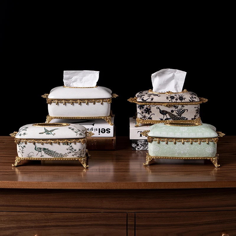 High-end luxury tissue box retro ceramics with copper soft home living room home carton.