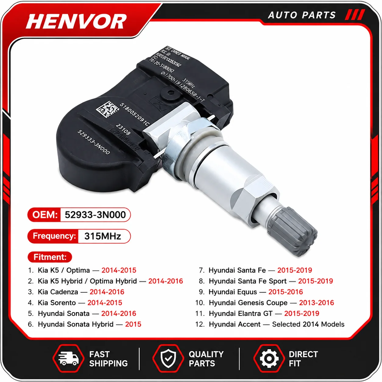 52933-3N000 TPMS Tire Pressure Sensor 315MHz for Hyundai Kia K5 Optima Sonata Santa Fe Equus Cadenza Sorento