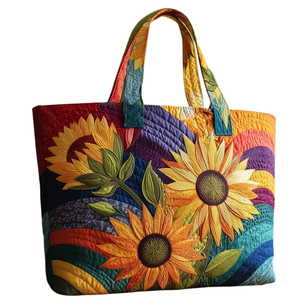 Vibrant Sunflower Quilted Tote Bag Large Capacity Shoulder Handbag for Travel Shopping Work Daily Lightweight Reusable Carryall