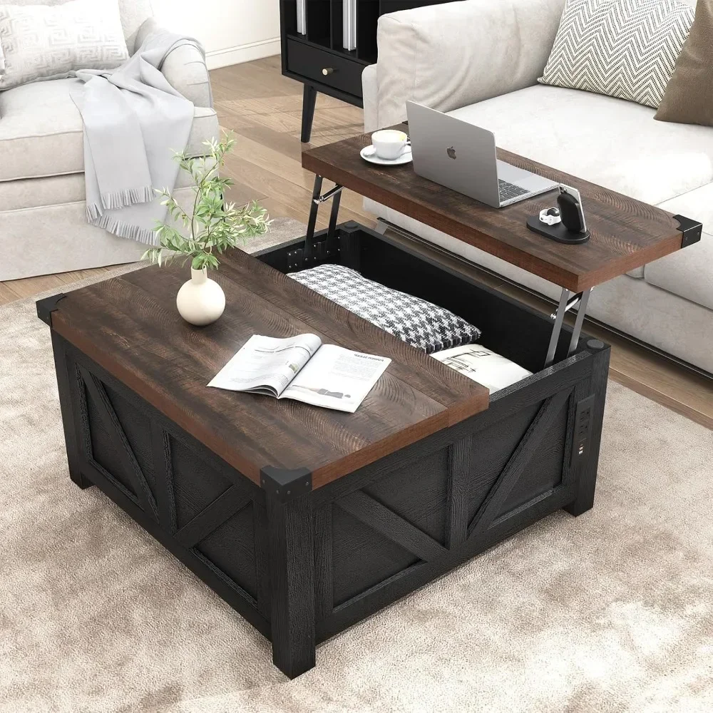 Farmhouse Lift Top Coffee Table with Storage, Wood Square Center Table with Charging Station&USB Ports