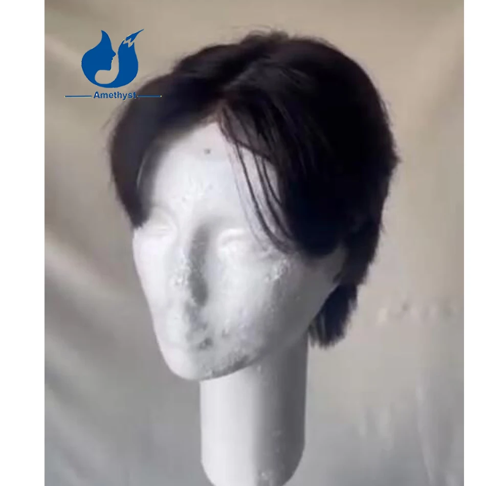 

Корейский стиль аметиста, короткий прямой парик, 100% настоящие человеческие волосы, 13x6, кружевная передняя часть, предварительно выщипанные прямые черные волосы Remy для мужчин