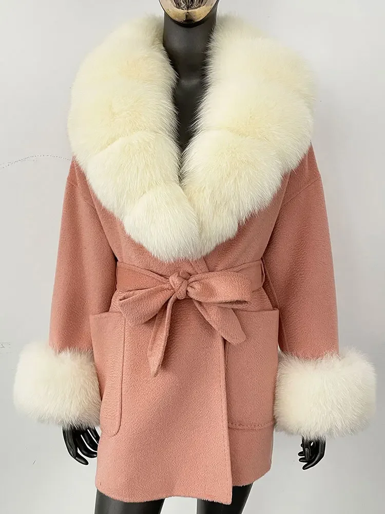 

2025 New Winter Fashion Warm Double-sided Cashmere Coat with Detachable Fox Fur Collar Women Casual Laceup Wool Genuine Fur Coat