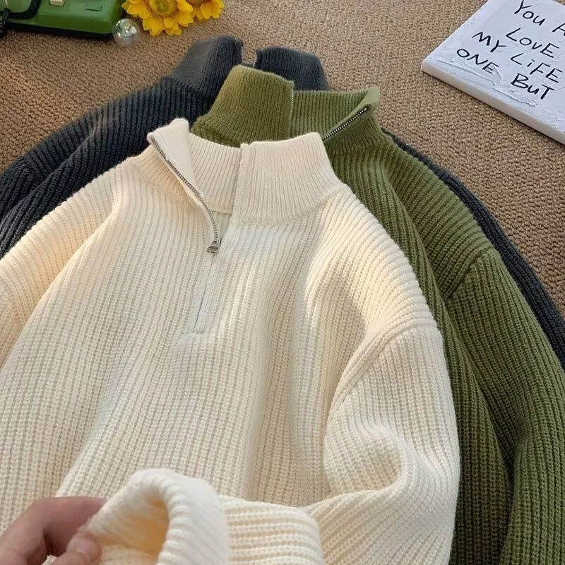 

Loose round Ne Pure Color Knitwear for Men Autumn Winter Casual Sle Couples Sweater Soft Polyester Fiber Zipper Decoration