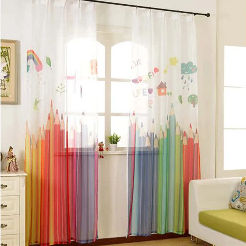 Children Pencil Tulle Curtains Cartoon Printed Window Drapes Sheer Transparent Linen Cotton Voile Living Room Bedroom Treatment